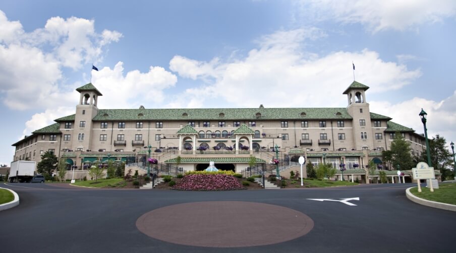 Exterior wide shot of The Hotel Hershey in spring.